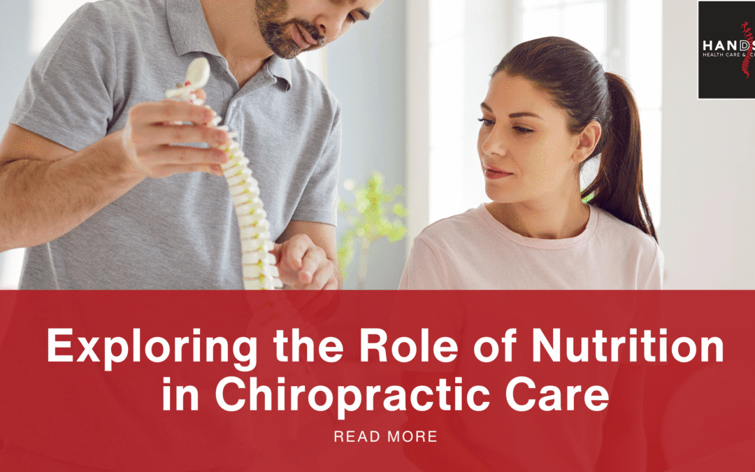 A professional explaining spinal adjustment to a patient in the background with business logo, title, and read more option on the left
